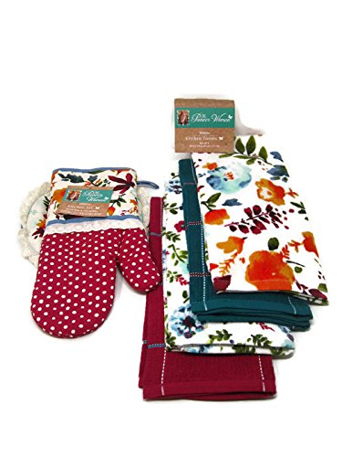 Pioneer Woman Willow Oven Mitt/Pot Holder and Kitchen Towels 6 Pc Set/Bundle