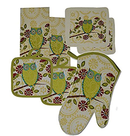 5 Pieces Cotton Kitchen Linen Set. (Oven Mitt, Kitchen Towels, Pot Holders) (flower)