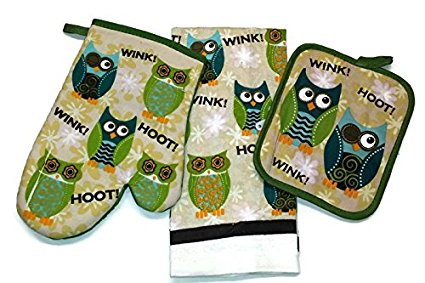 Happy Owels Linen 3 Piece Bundle Package Oven Mitt (1) Pot Holder (1) Kitchen Towels (1) (#4323)