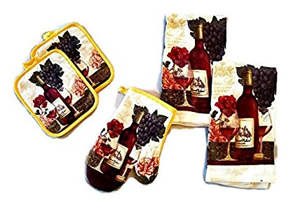 Wine Bottle And Glass Linen 5 Piece Bundle Package Oven Mitt (1) Pot Holders (2) Kitchen Towels (2) (#4525)