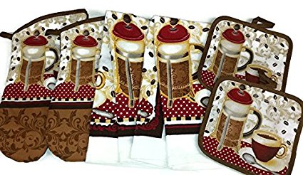 Coffee Theme Kitchen Linen Set (2040) (Includes: two oven mitts, two dish towels, and two pot holders)