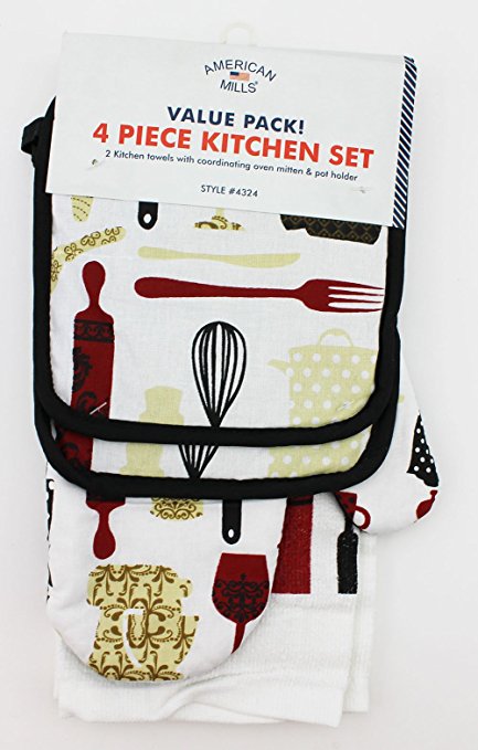 4 Pcs, 100% Cotton, 2 Kitchen Towel, 1 Oven Mitt, 1 Pot Holder Style # 5