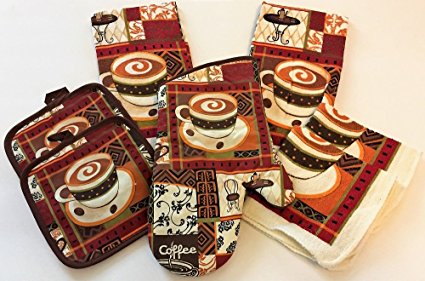 Colorful Coffee Latte Bistro 7 Piece Kitchen Linen Bundle With 2 Dish Towels, 2 Dish Cloths, 2 Potholders, and 1 Oven Mitt