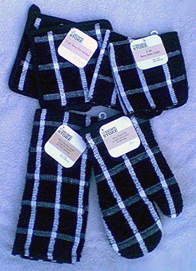 6 Piece Set - 2 Black Terry Cloth Potholders - Black Terry Cloth Oven Mitt - Black Terry Cloth Dishtowel - 2 Black Terry Dishrags