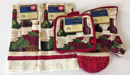 Colorful Red Wine 5 Piece Kitchen Linen Bundle With 2 Dish Towels, 2 Potholders, and 1 Oven Mitt