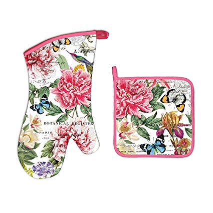 Michel Design Works Bundle - 2 Items: Peony Oven Mitt and Peony Pot Holder