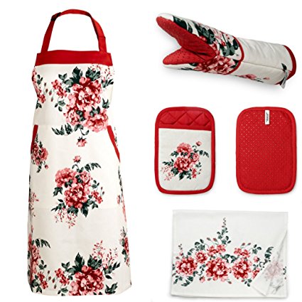 Kitchen Gift Set I Apron I Oven Mitt I Pot Holder I Towel I With Gift Box I Beautiful Flower Design I Birth Day Gift For Mom I Gift For Mother I Mothers Day Gift Set I House Warming Gift