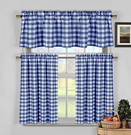 Navy Blue White Kitchen Curtains: Gingham Checkered Plaid Design