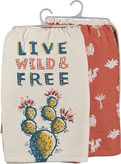 Primitives by Kathy 100% Pure Cotton Live Wild & Free Kitchen Towels Set of 2 - Coordinating Pair of Dish Towels with Colorful Cactus Patterns - 28