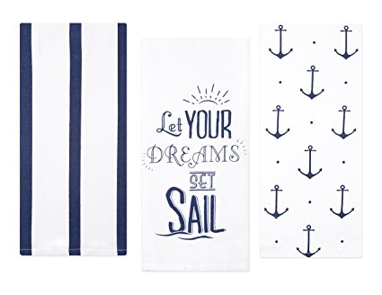 Sticky Toffee Cotton Flour Sack Kitchen Towels, Anchor and Stripe Nautical Prints, 3 Pack, 28 in x 29 in