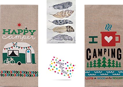 J4U Happy Camper Kitchen Set - I Heart Camping Happy Camper Towels and Feathers Scented Sachet with Gift Tag