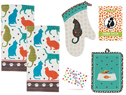 J4U Cats Life Kitchen Set - 2 Terry Towels, Oven Mitt, Potholder, and Happy Tails Scented Sachet with Gift Tag