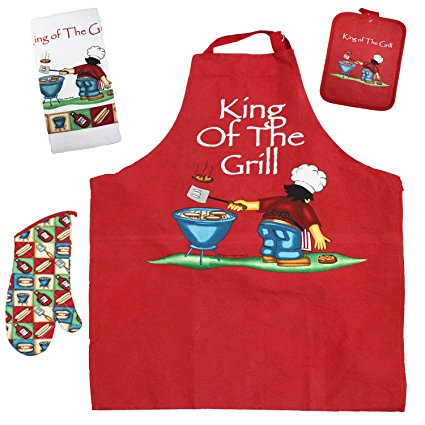 Cotton Printed Kitchen Apron, Dish Towels, Pot Holder and Oven Mitt, Set of 4 for Cooking, Baking, Housewarming, Host/Hostess, Wedding Registy, Mother's Day Gifts-King of the Grill