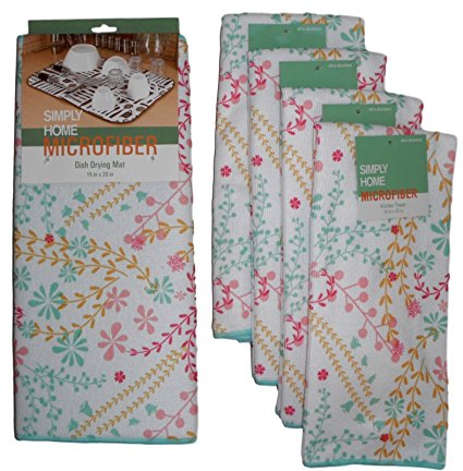 Simply Home Microfiber Dish Drying Mat and Dish Towels - Set of 5 Items (White - Pink, Yellow, and Mint Green Floral)