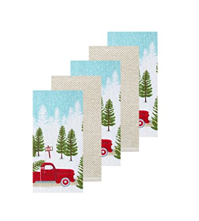 Christmas Kitchen Towel 5 Pack Red Pickup Truck and Pine Trees Scene