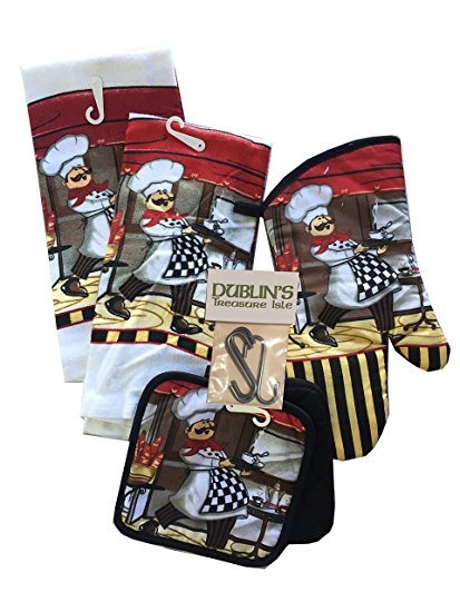 Kitchen Linen Set (Includes: one oven mitt, two pot holders and two dish towels) (chef stripe)