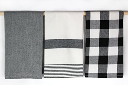 Three Black and White Kitchen Towels by C & F