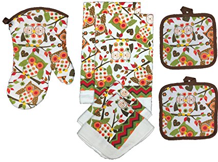 Set of 7, Kitchen Towel Set, 2 Kitchen Towel, 2 Dish Cloths, 2 Pot Holder, 1 Oven Mitt. (Owl_2)