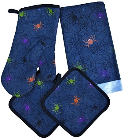 Spooky Gray 4-piece Halloween Kitchen Towel Set (1 Towel, 2 Pot Holders & 1 Oven Mitt) (Spider Web)