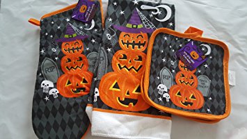 Halloween oven mitt, kitchen towel, and pot holders