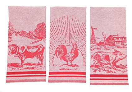 Williams-Sonoma Farm Kitchen Towels Set - Rooster Cow Pig - Jacquard Woven of 100% Turkish Cotton (Claret)