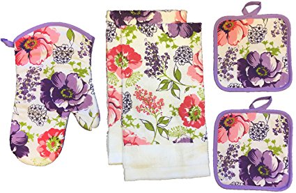 Set of 5 100% Cotton Kitchen Towel Set, 2 Kitchen Towel, 1 Oven Mitt, 2 Pot Holder. (Spring Flower)