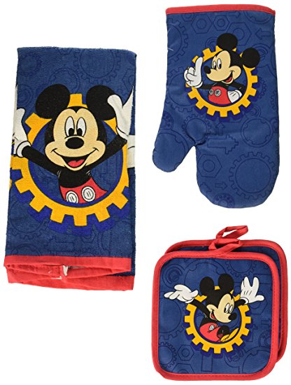 Disney Mickey Mouse Blue Gear 4-pc Kitchen Set: Towel, Oven Mitt & 2 Pot Holders