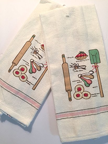 Kitchen Towels For Home Bakers, Set of 2, Ivory - Absorbent 100% Cotton Kitchen Towel Set with Baking Illustrations