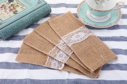 6pcs Burlap Silverware Holders Utensil Holder w/ Lace Country Wedding Jute Lace Pouch Cover Hessian Rustic