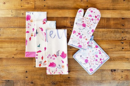 Vous Du Rivage - Meadow Collection - 100% Cotton Set of 5. Digitally Printed Watercolor Oven Mitt (7.5 x 13 Inch) + Pot Holder (8 x 8 Inch) + 3 Unique Designs Kitchen towels (18x28 Inch) Perfect gift