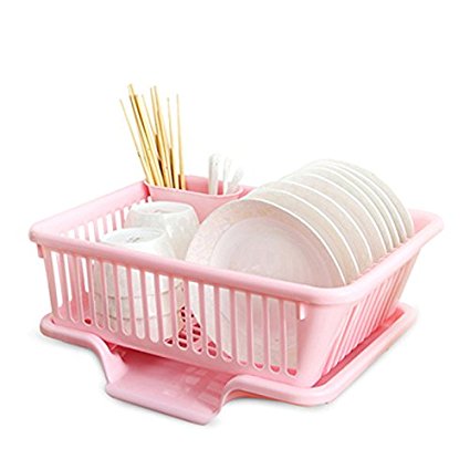 Kitchen 3-piece Dish Rack Storage Drain Chopsticks Shelving Plastic Plate Dishes Basket Shelves (Pink1, S:17.5