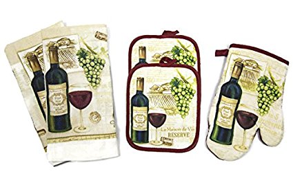 Designer Value Pack 5 Piece Kitchen Linen Set Towels, Pot Holders & Oven Mit (Red Wine)