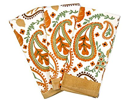 Fall Themed Everyday Kitchen Cotton Dish Cloths Set of 3 Towels (Orange & White Paisley)