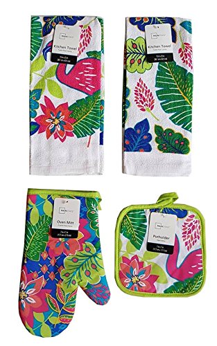 Mainstay Home Mainstays Summer Tropical Kitchen Towels, Oven Mitt, and Potholder 4 Piece Bundle Set (Flamingo)