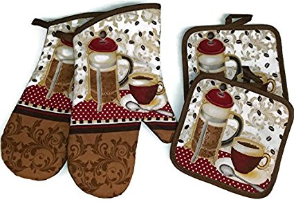 Coffee Theme Kitchen Linen Set (2042) (Includes: two oven mitts, and two pot holders)