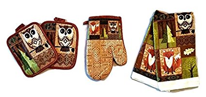 Forest Owl Linen 5 Piece Bundle Package Oven Mitt (1) Pot Holders (2) Kitchen Towels (2) (#4425)