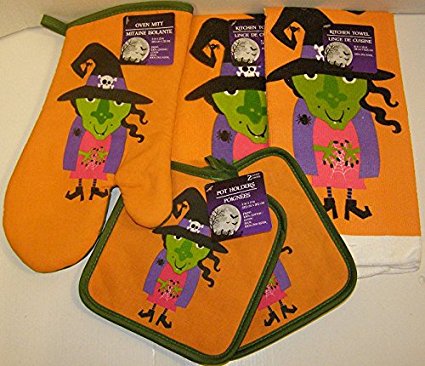 5 Item Bundle of Kitchen Linens by Home Collection in Fun & Unique Halloween Designs Including: 1 Oven Mitt, 2 Pot Holders, & 2 Kitchen Towels (Orange Witch)