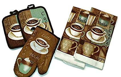 Coffee Moca Cappuccino Linen 5 Piece Bundle Package Oven Mitt (1) Pot Holders (2) Kitchen Towels (2) (#4425)