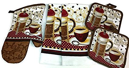 Coffee Theme Kitchen Linen Set (2041) (Includes: one oven mitts, two dish towels, and two pot holders)