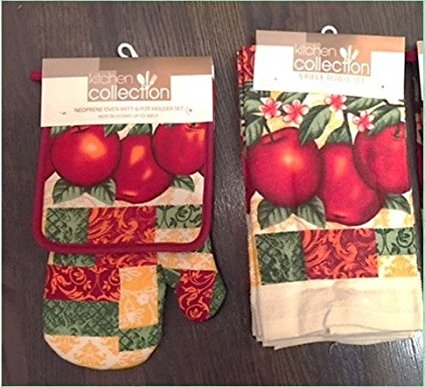 5 Piece Set Includes 2 Kitchen Towels, 2 Pot Holders and 1 Oven Mitt, Apples