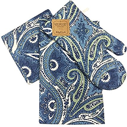 April Cornell Kitchen Set (Tea Towel, Oven Mitt & Pot Holder) Paisley 100% Cotton