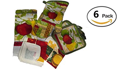 Kitchen Decor - Towel Linen Set of 6 Pieces Fruit Themed Design - Kitchen Towel 2 Potholders 2 Scrubber Dishcloths 1 Oven Mitt - Linen Apple Pear Set - Oven Mitts