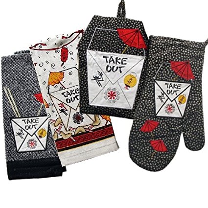 Chinese Take Out Kitchen Towel Oven Mitt Pot Holder SET