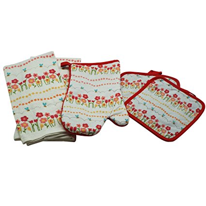 Flower Garden Decorative Kitchen Linen Set - 2 Kitchen Towels, 2 Pot Holders, 1 Oven Mitt