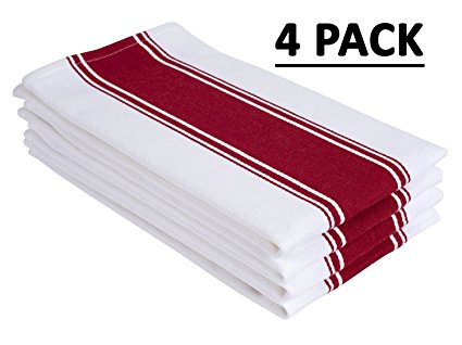 Cotton Craft - 4 Pack Wrinkle Resistant Superior Finish - 100% Pure Cotton - Twill Stripe - Kitchen Towels 20x28 - Red - Easy Care Machine Wash