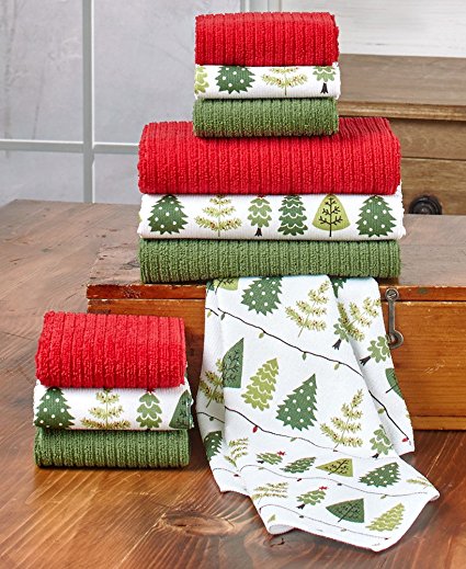 Early Holiday. 10 Piece Kitchen Towel and Dishcloth Set. Microfiber Winter and Christmas Theme-