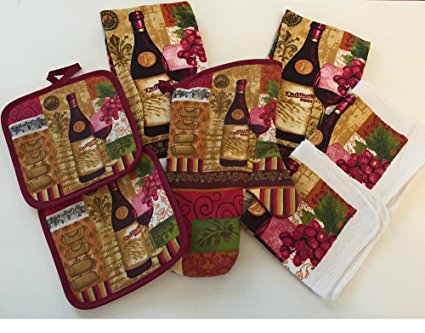 Vibrant Wine Kitchen Towel Set With Potholders, Oven Mitt And Dish Cloths