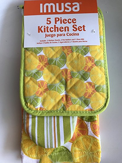 IMUSA 5 Piece Kitchen Towels Set Oven Mitt and Pot Holders Yellow Citrus