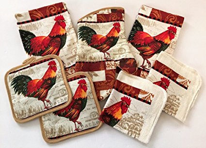 7 Piece Colorful Rooster Kitchen Linen Bundle With 2 Dish Towels, 2 Dish Cloths, 2 Potholders, and 1 Oven Mitt