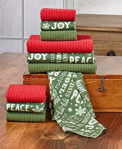 Early Holiday. 10 Piece Kitchen Towel and Dishcloth Set. Microfiber Winter and Christmas Theme-